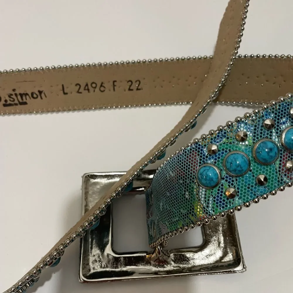 b.b. Simon Swarovski Rhinestone Embellished Blue Leather Belt With Studs L
